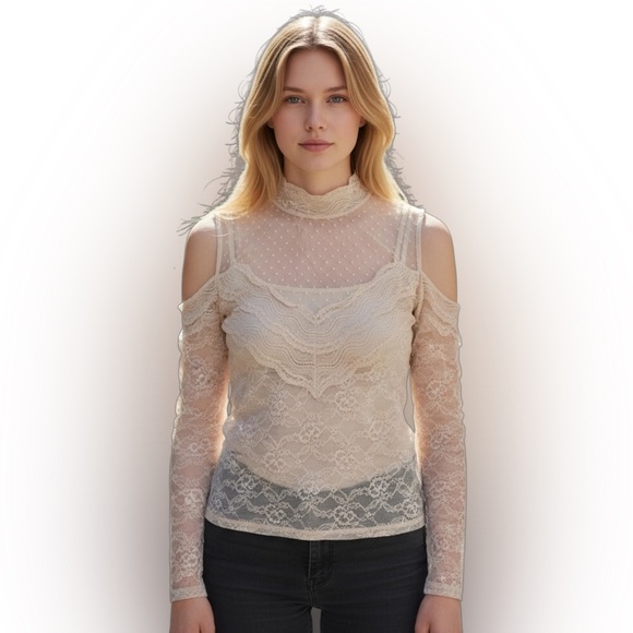 GUESS Antique Lace Funnel Neck Victorian-Style Sheer Open Shoulder Blouse Size S - Picture 2 of 14